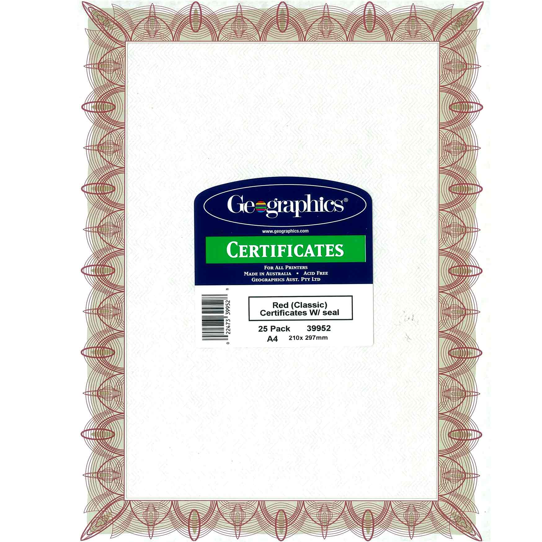 GEOPAPER CERTIFICATES RED PKT 25